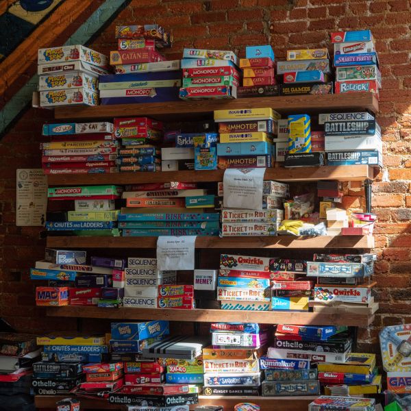 A shelf of Austin boardgame favorites.