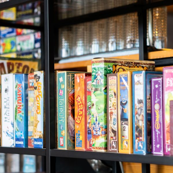 Austin tabletop games store's shelf full of boardgames.